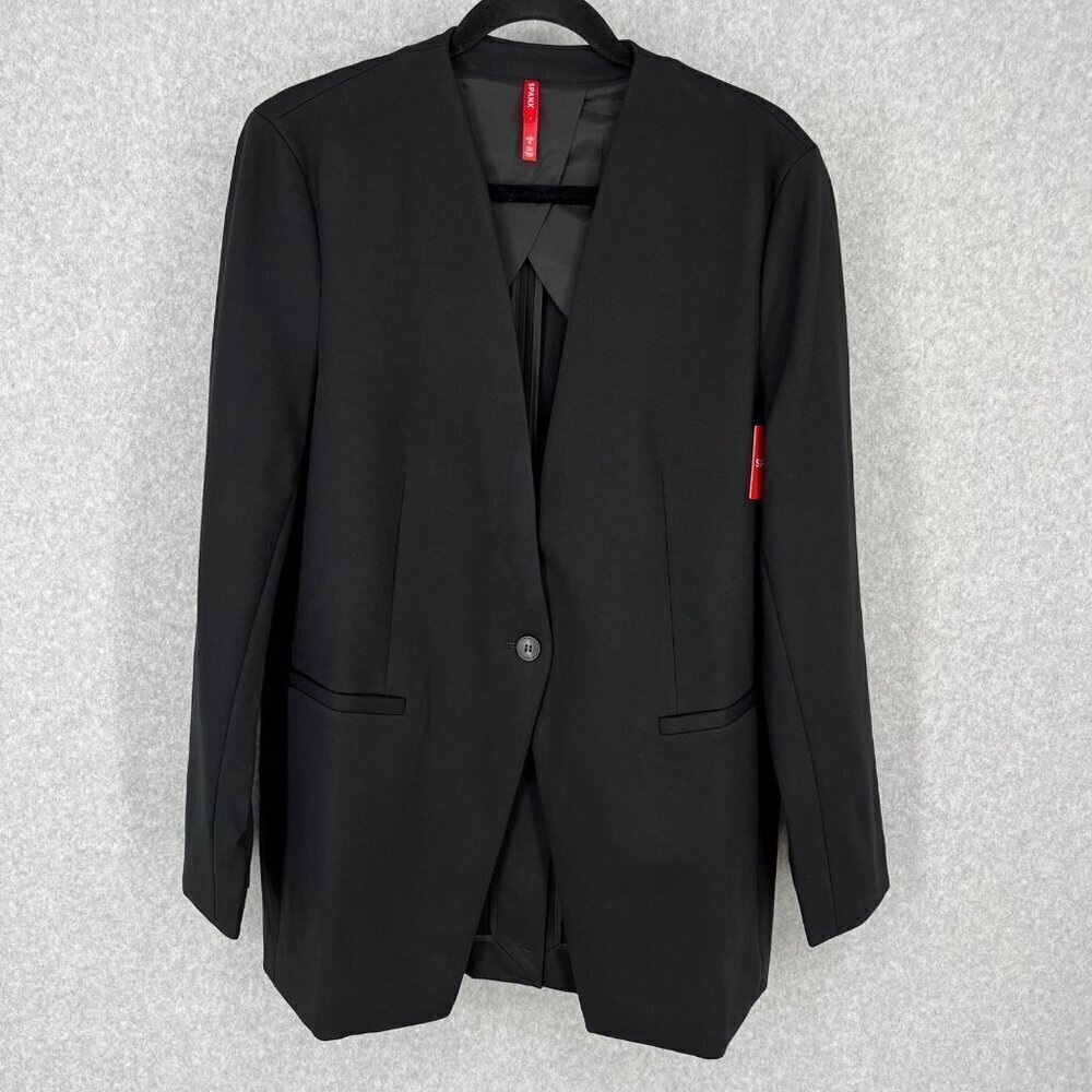 Spanx Womens Perfect Collarless Blazer Size L Black Ponte Knit Oversized NEW